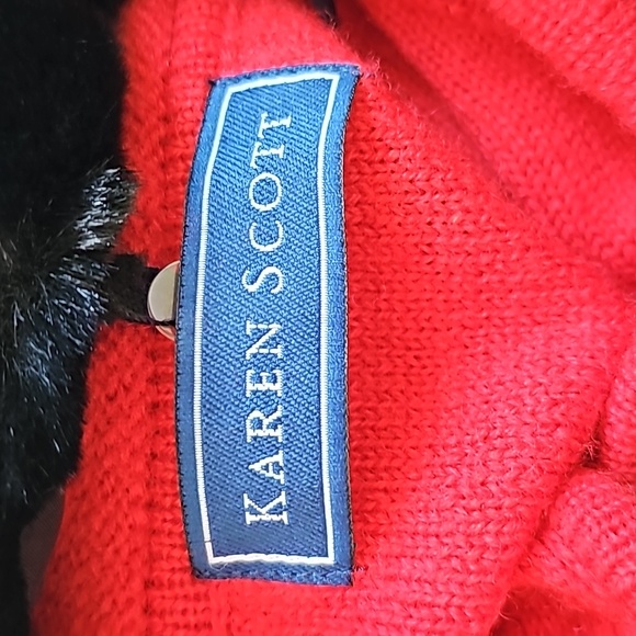 Karen Scott Red Wool Black Faux Fur Collar Vintage Cardigan Sweater 1980s M - Picture 8 of 9